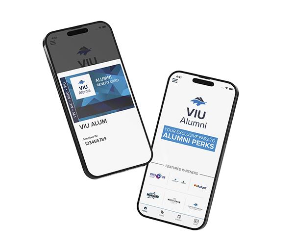 VIU Alumni App welcome sign displayed on phone
