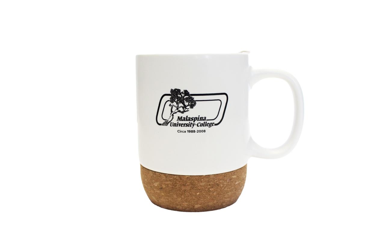White ceramic mug with cork, with VIU Alumni logo